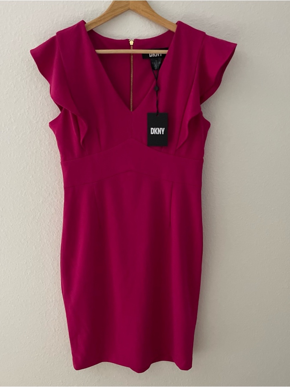 DKNY Hot Pink Ruffle Sleeve V-Neck Midi Sheath Dress